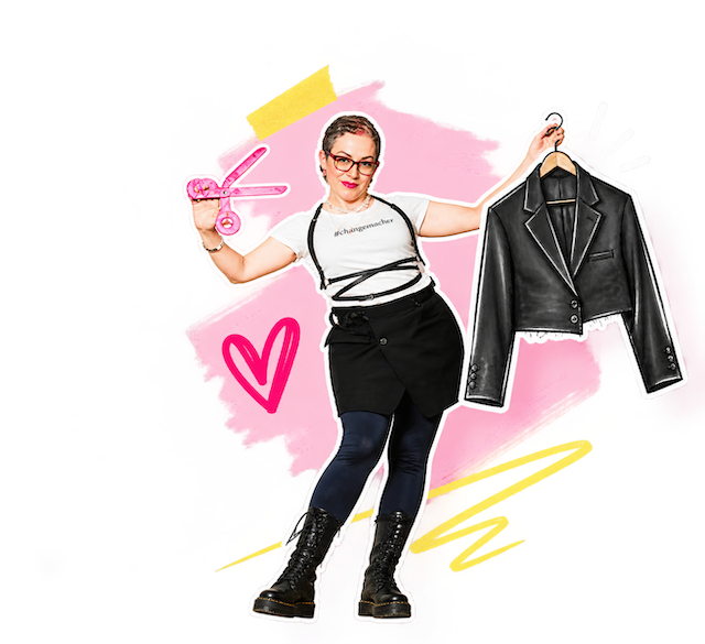 Sigrid von SEKUNDÄR-SCHiCK mit Schere und Upcycling-Design